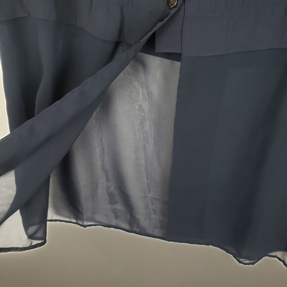 Lola & Sophie Hybrid Top S Navy Ribbed Snap Front Modern Blouse Sheer Hem - Picture 6 of 8